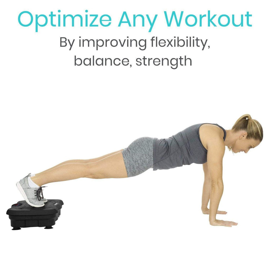 Woman performing a workout on an exercise platform with text about optimizing workouts.