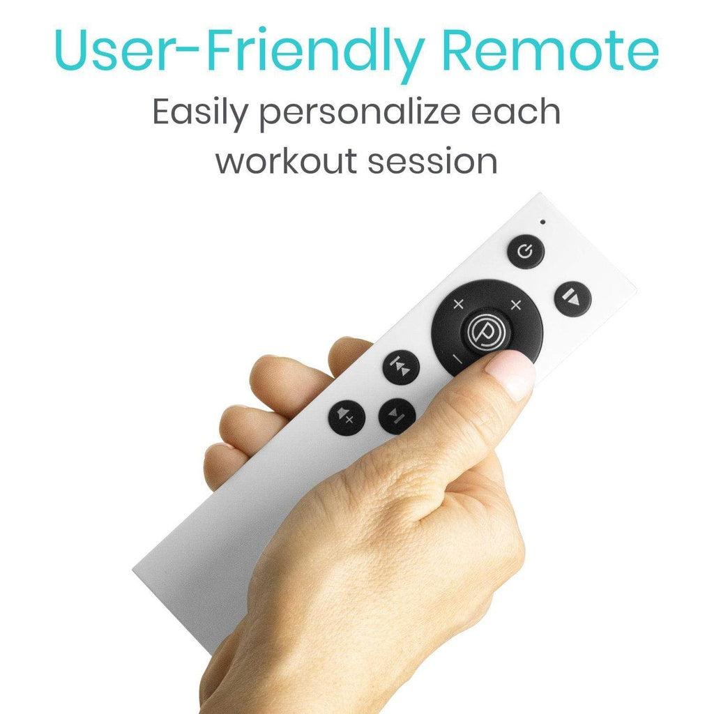 Hand holding a user-friendly remote control with text on a white background
