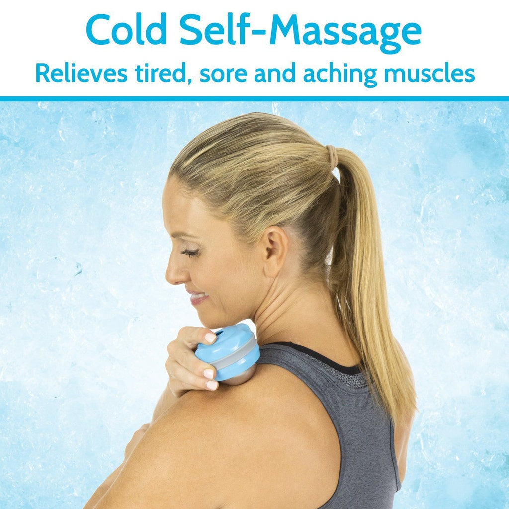Woman using a cold pack on her shoulder with text about cold self-massage benefits.