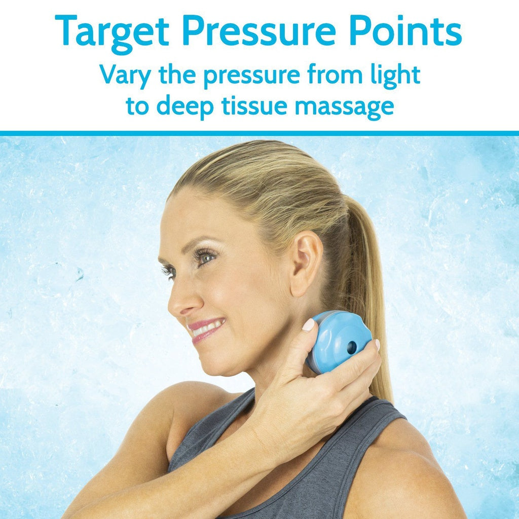 Woman using a handheld massager on her shoulder with text about pressure point massage.