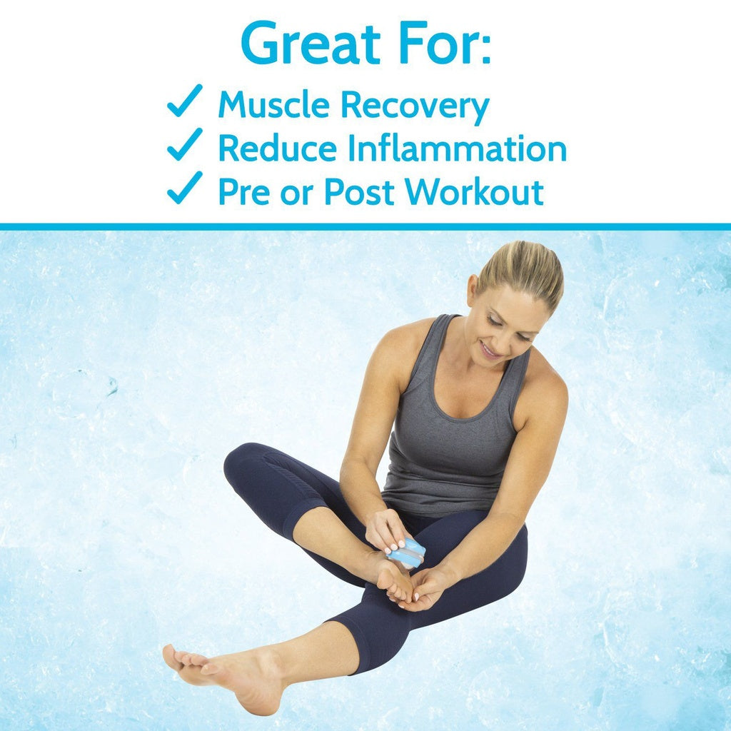 Woman applying a product to her knee with text highlighting benefits on a blue background