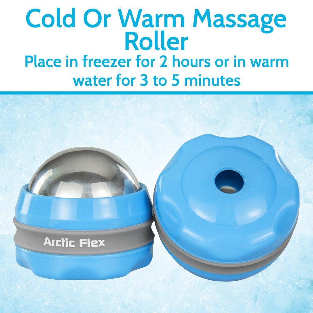 Blue massage roller with metal ball, labeled 'Arctic Flex', on a blue background.
