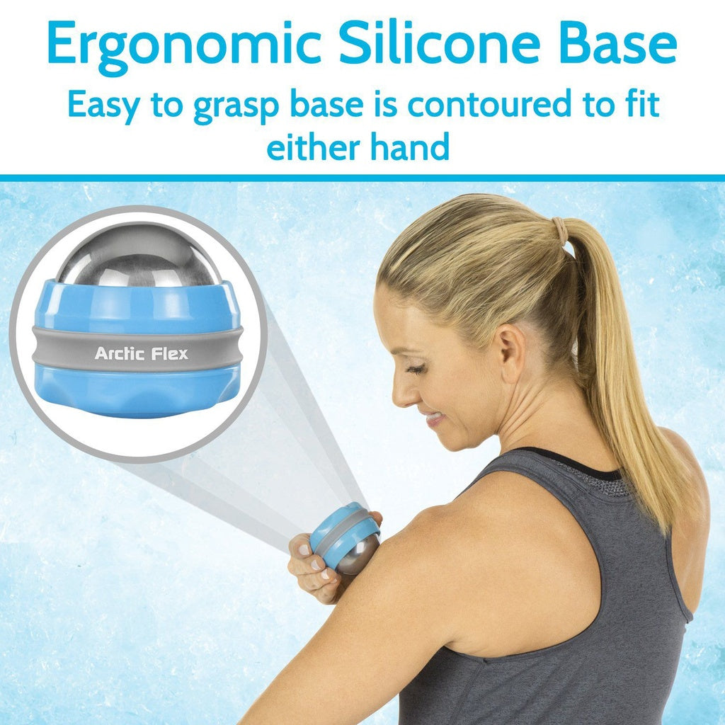 Woman using a handheld massager with an ergonomic silicone base on a light blue background