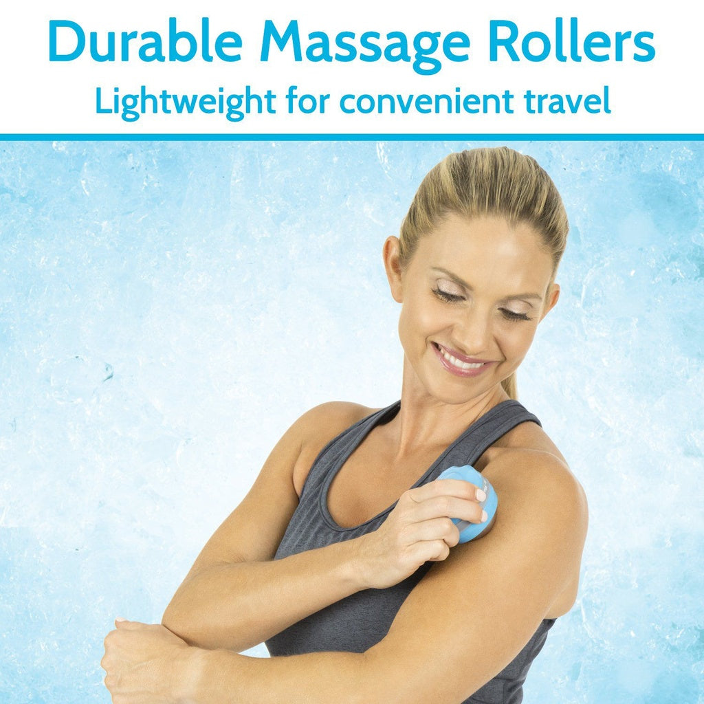 Woman using a massage roller with text 'Durable Massage Rollers' and 'Lightweight for convenient travel' on a blue background.