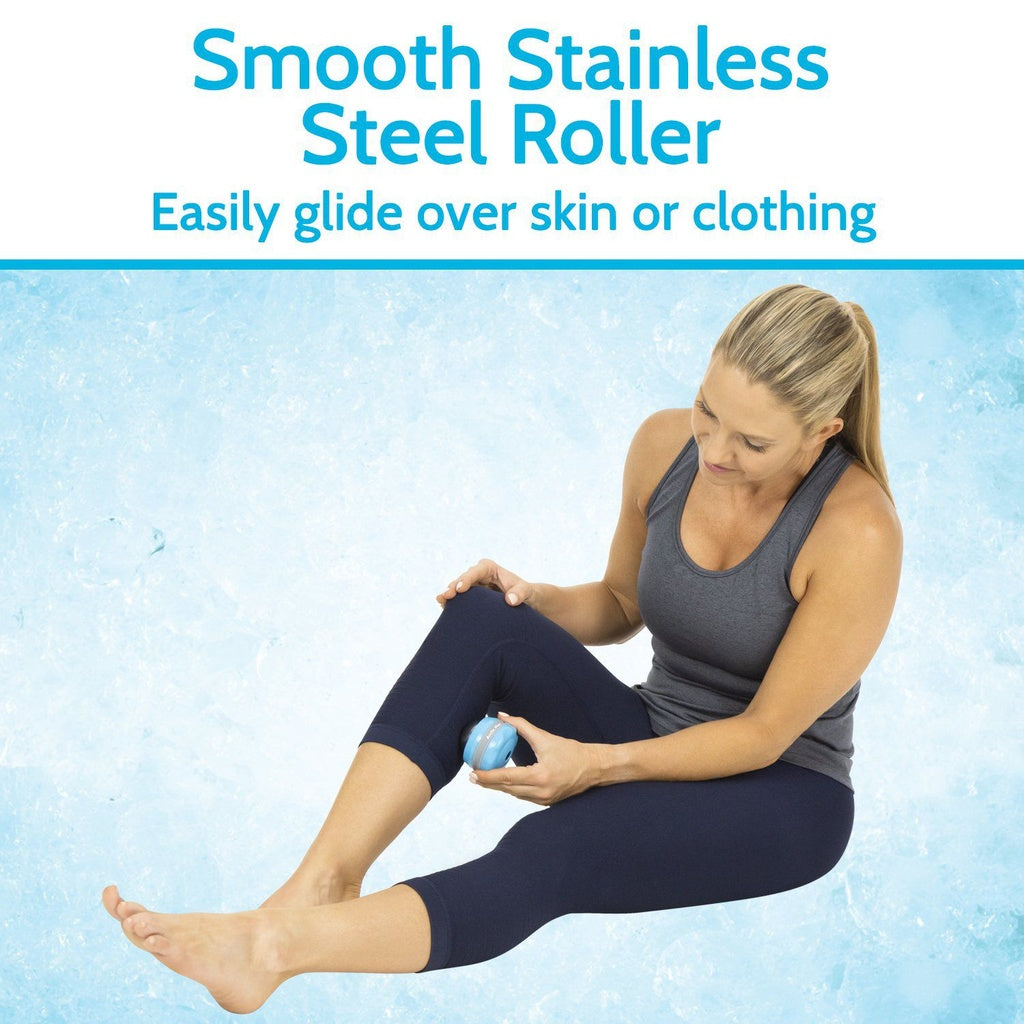 Woman using a smooth stainless steel roller on a blue background
