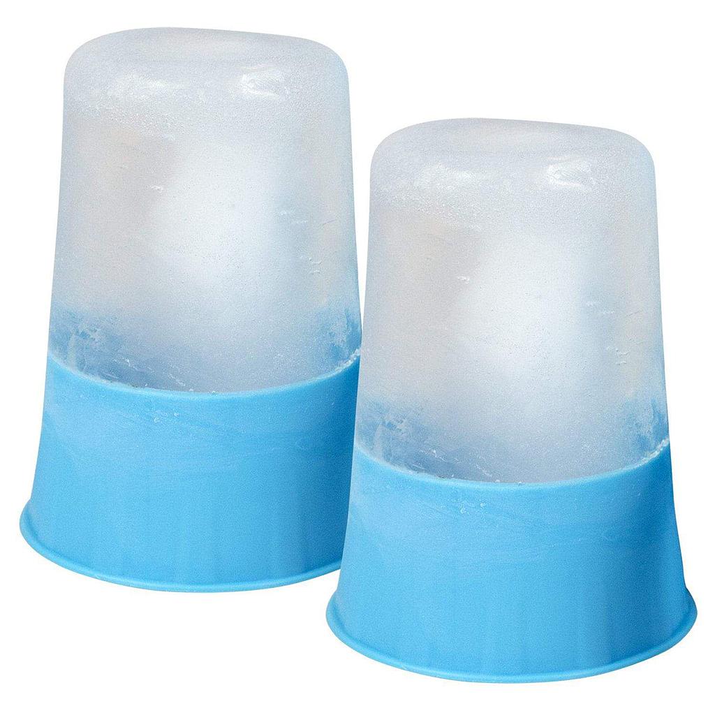 Two cylindrical ice molds with blue bases on a white background