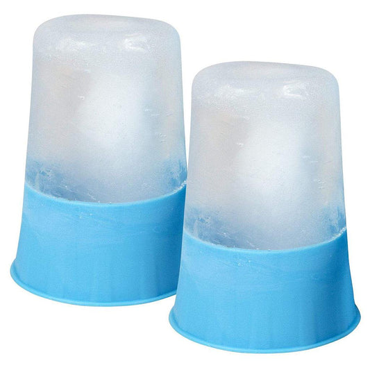 Two cylindrical ice molds with blue bases on a white background
