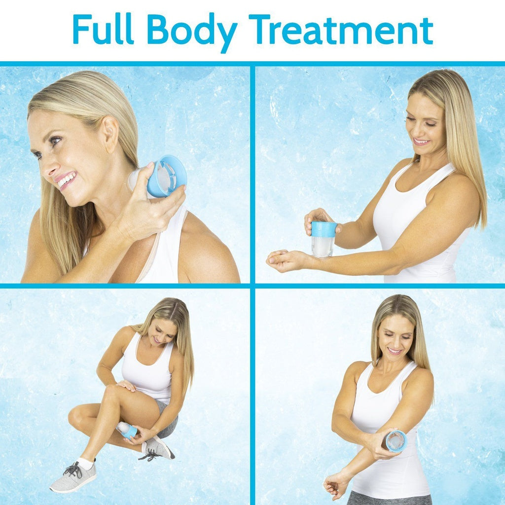 Woman using a handheld device for a full body treatment on a blue background