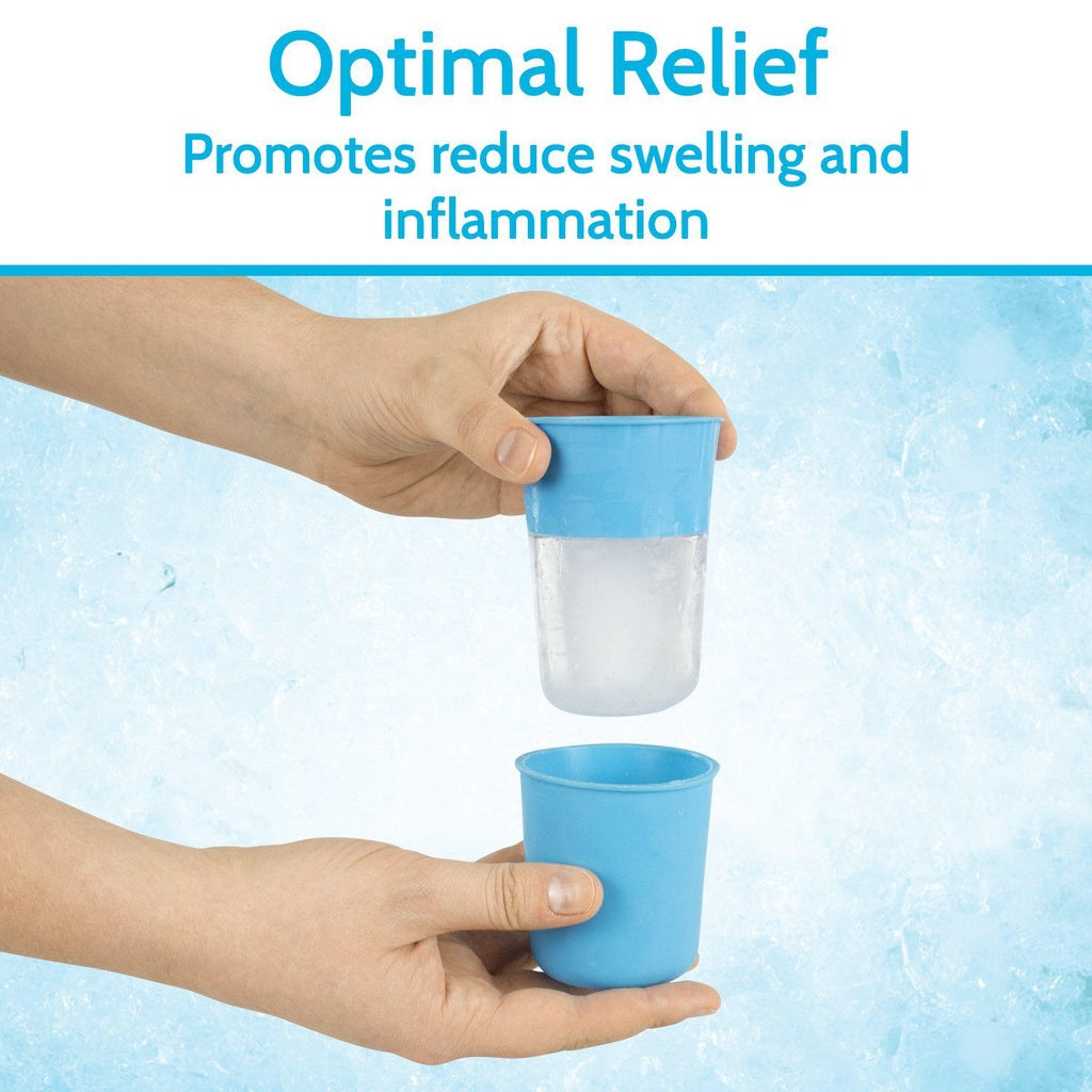 Blue cup with a clear interior held by hands against a light blue background