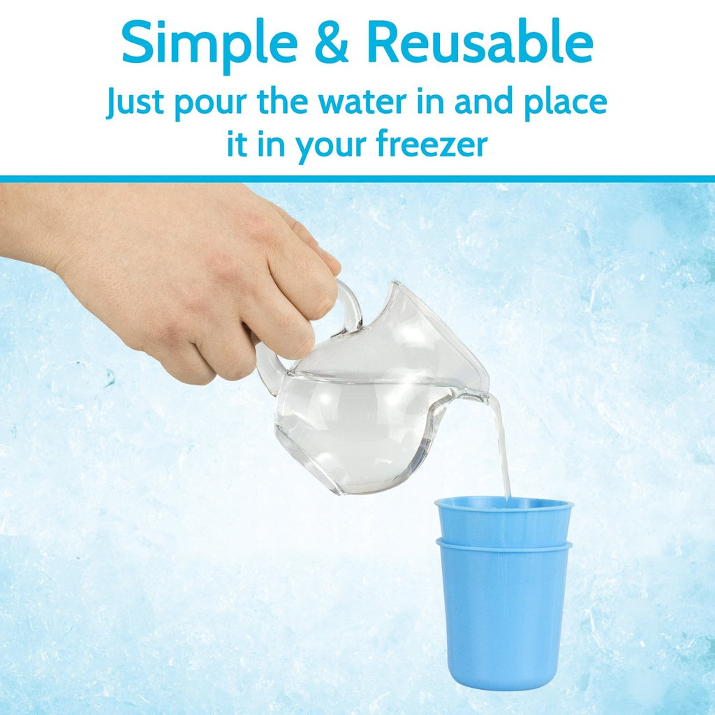 Hand pouring water from a clear container into a blue cup with text 'Simple & Reusable' on a light blue background.