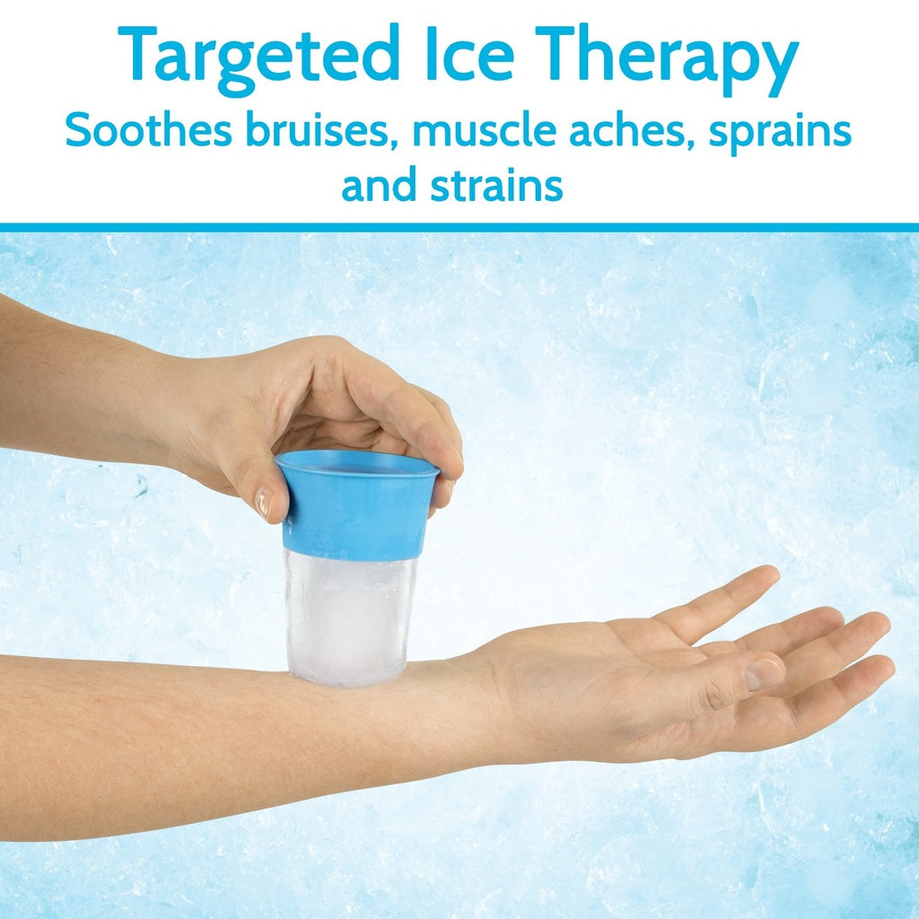 Hand holding a blue ice pack against a light blue background with text about targeted ice therapy.