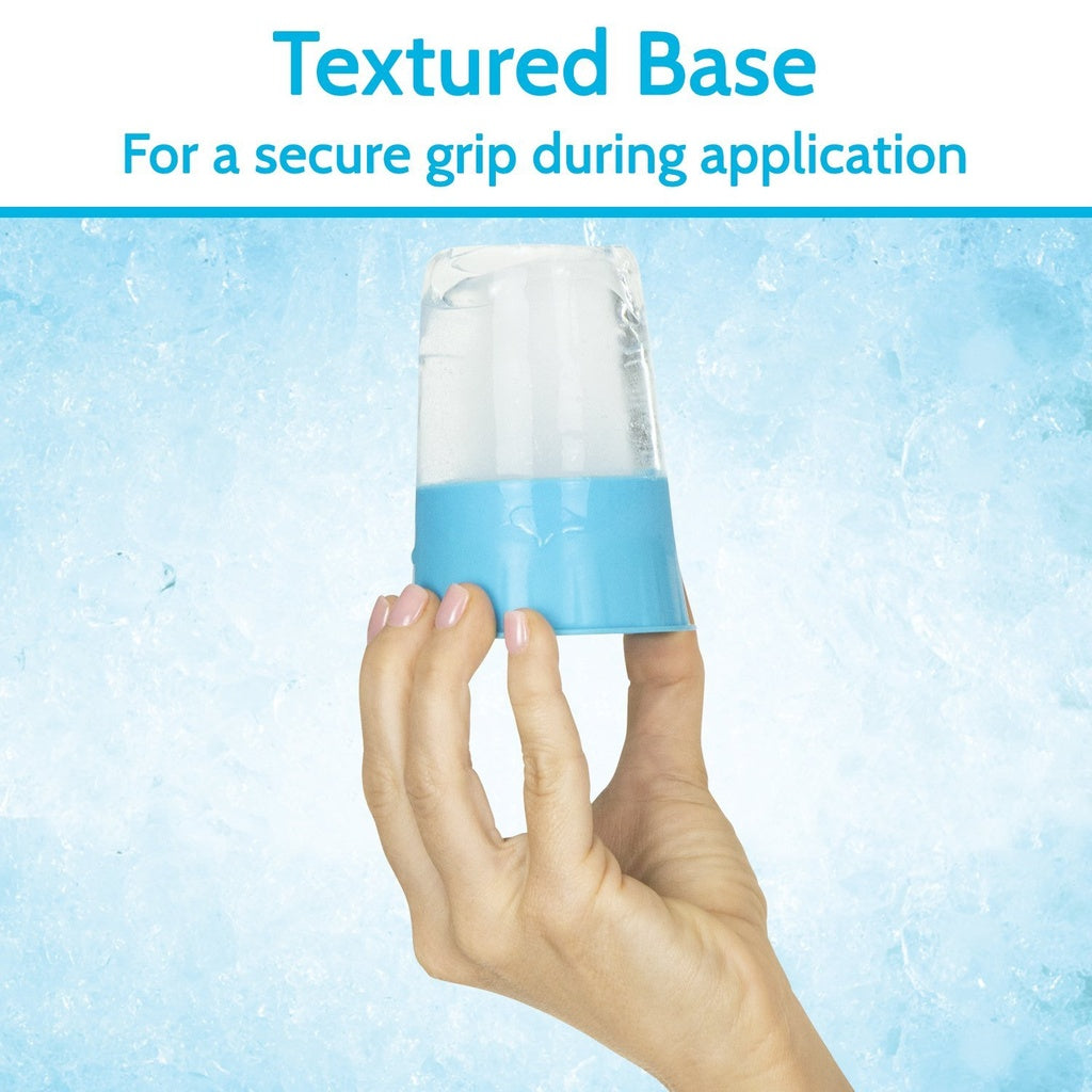 Hand holding a blue and clear container with text about a textured base for a secure grip.