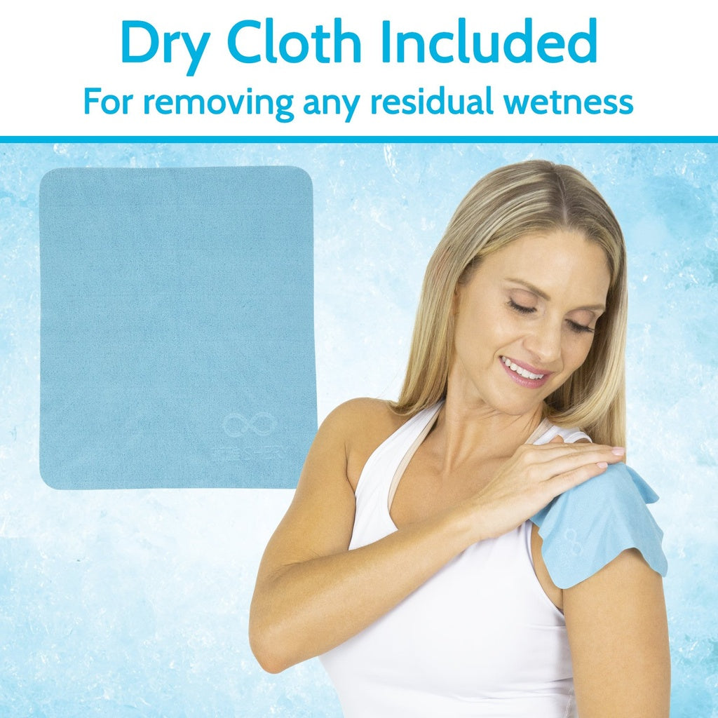 Woman using a dry cloth to remove residual wetness with text 'Dry Cloth Included' and 'For removing any residual wetness'.