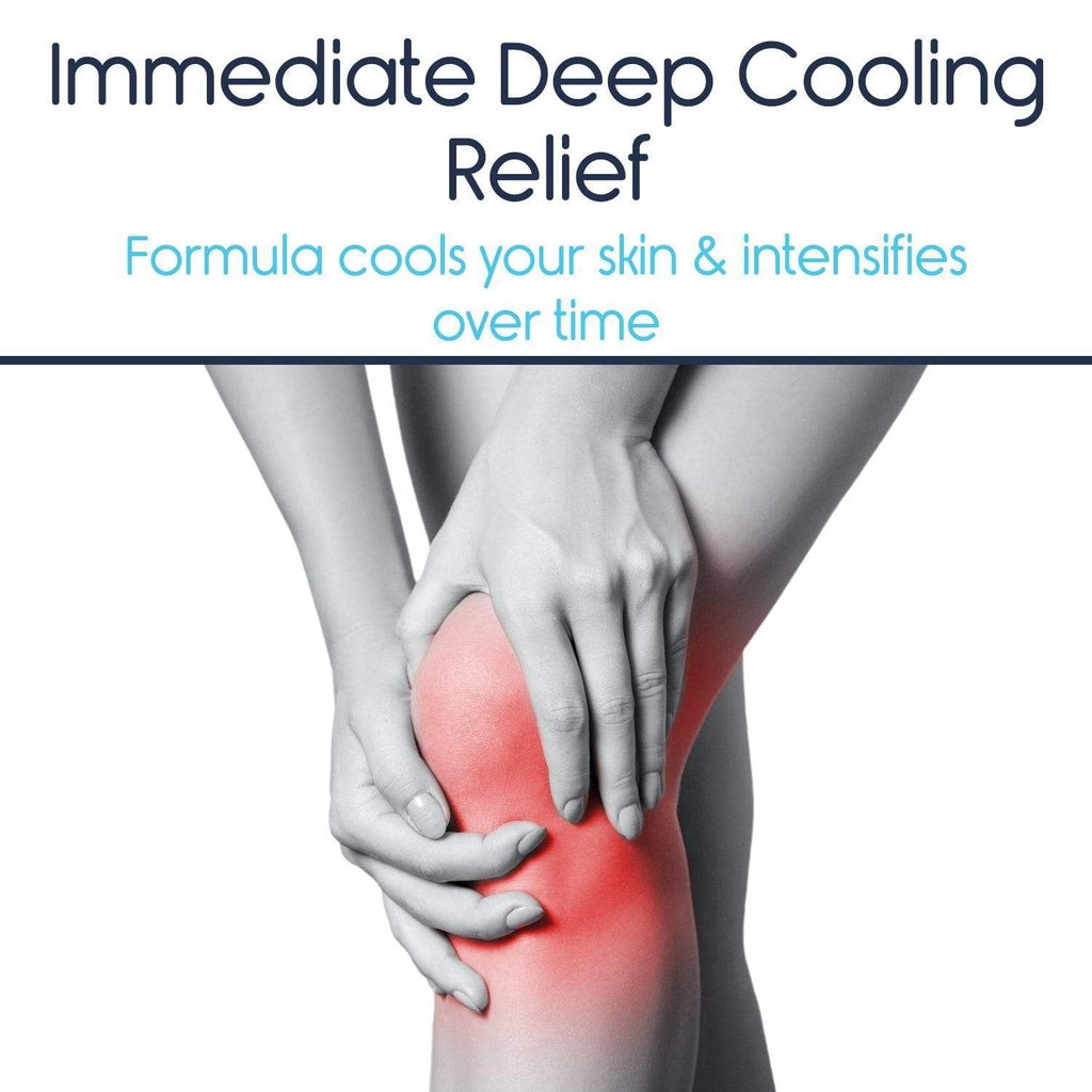 Person holding a knee with redness, indicating pain or injury, with text about immediate deep cooling relief.