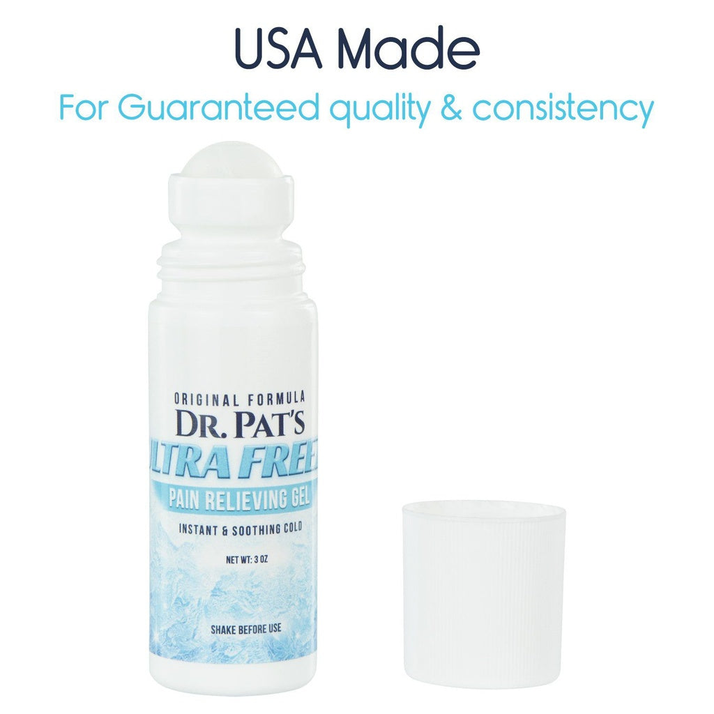 Dr. Pat's Ultra Free Pain Relieving Gel bottle with text about USA made quality on a white background