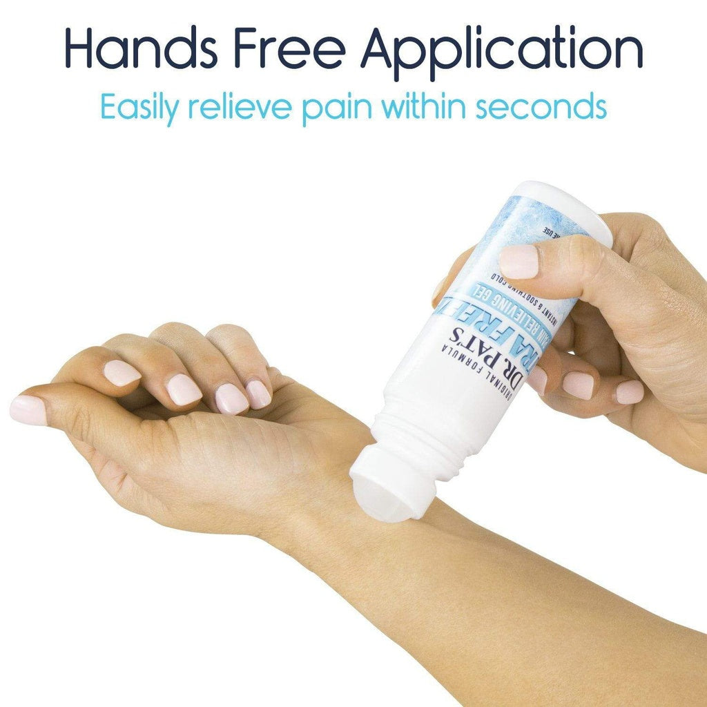 Hand applying a topical cream to wrist with text 'Hands Free Application' and 'Easily relieve pain within seconds'.