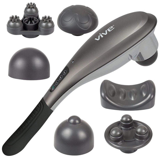 Vive massage gun with various attachments on a white background