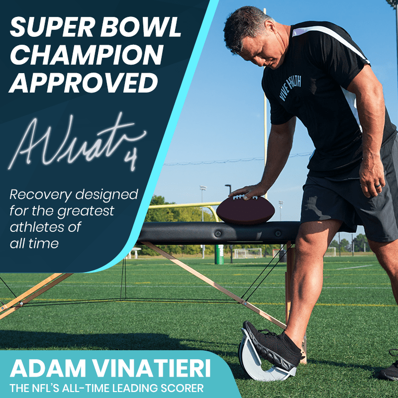 Man using a recovery device on a sports field with promotional text about a 'Super Bowl Champion Approved' product.