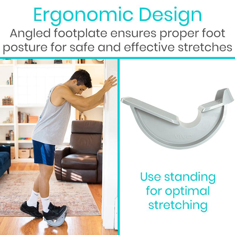 Ergonomic footplate for stretching with a person using it in a living room setting.