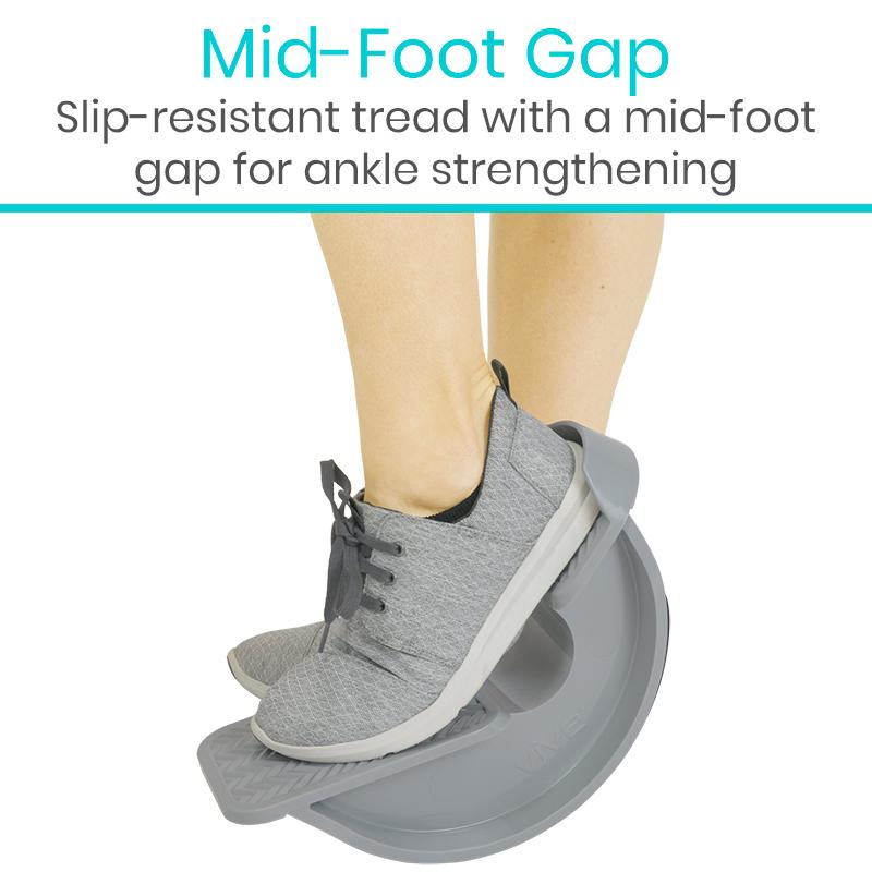 Gray ankle strengthening device with text about slip-resistant tread and mid-foot gap.