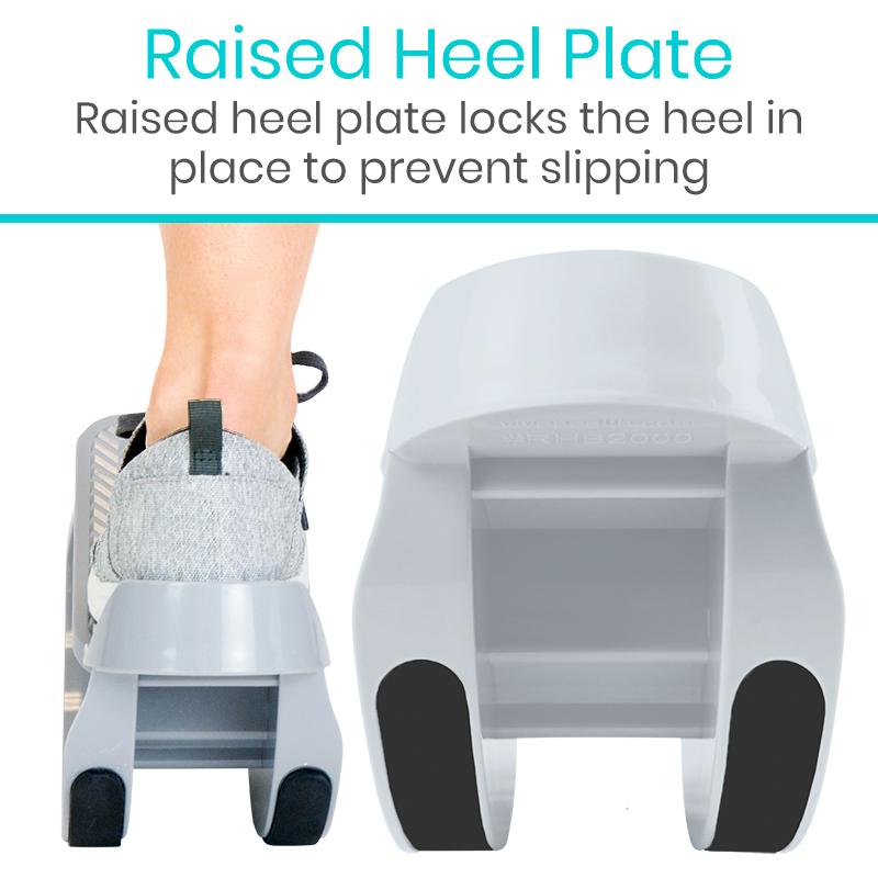 Raised heel plate for shoes with text explaining its function on a white background
