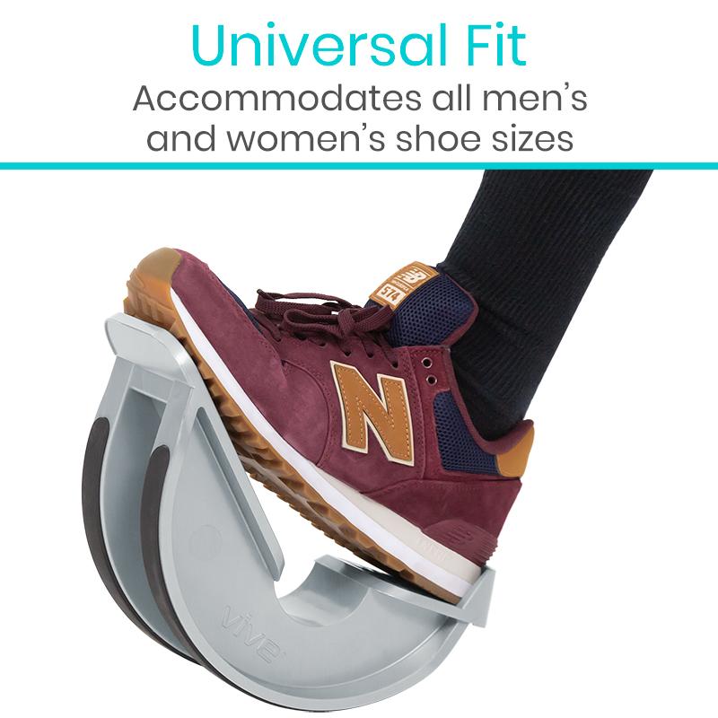 Maroon sneaker with gold accents being worn on a shoe size accommodator, text 'Universal Fit Accommodates all men's and women's shoe sizes' above.