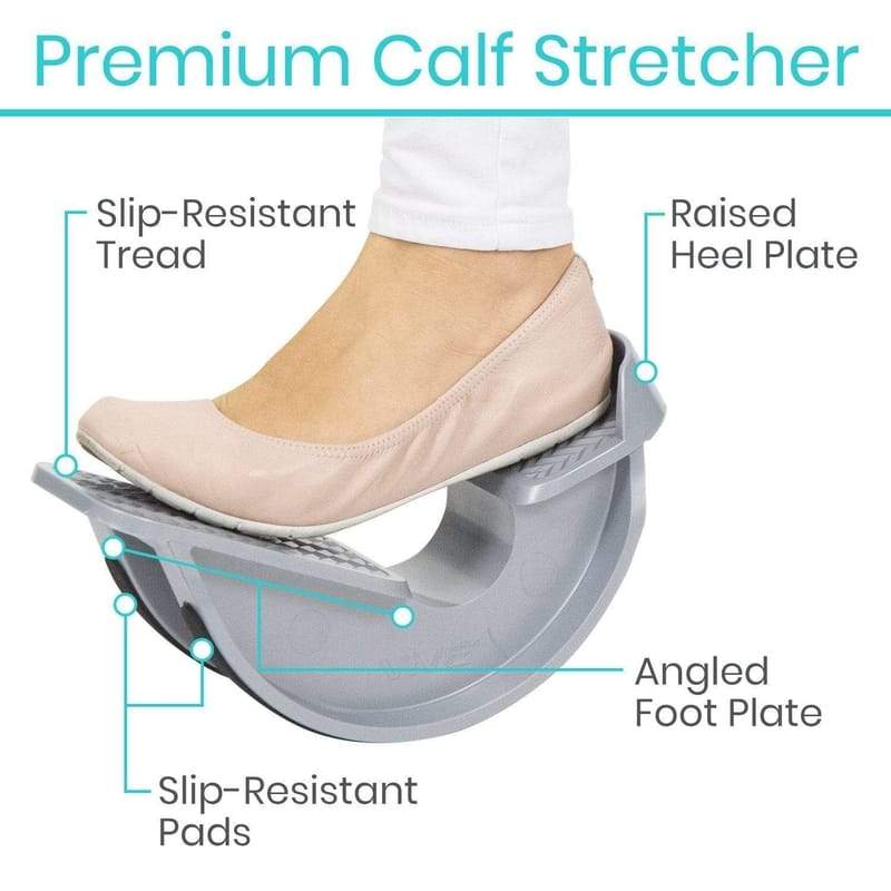 Premium Calf Stretcher with labeled features on a white background