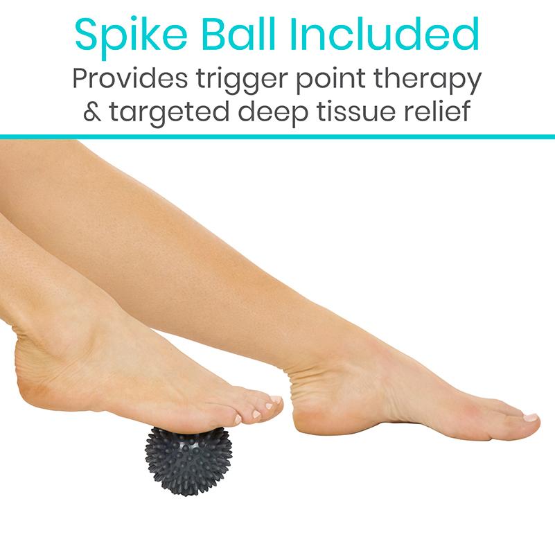 Person using a spike ball on their foot with text about trigger point therapy and deep tissue relief.