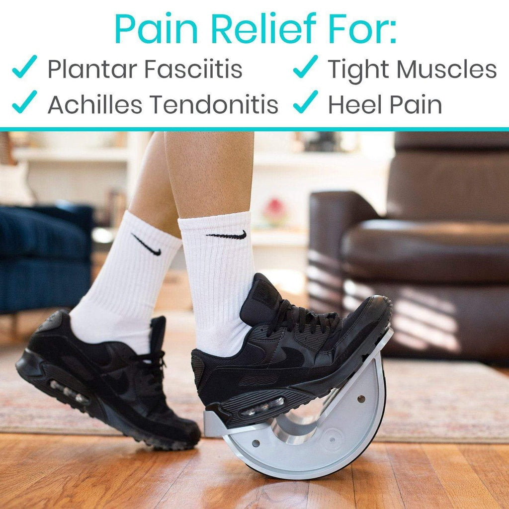 Person using a roller for pain relief with text indicating benefits on a blurred indoor background