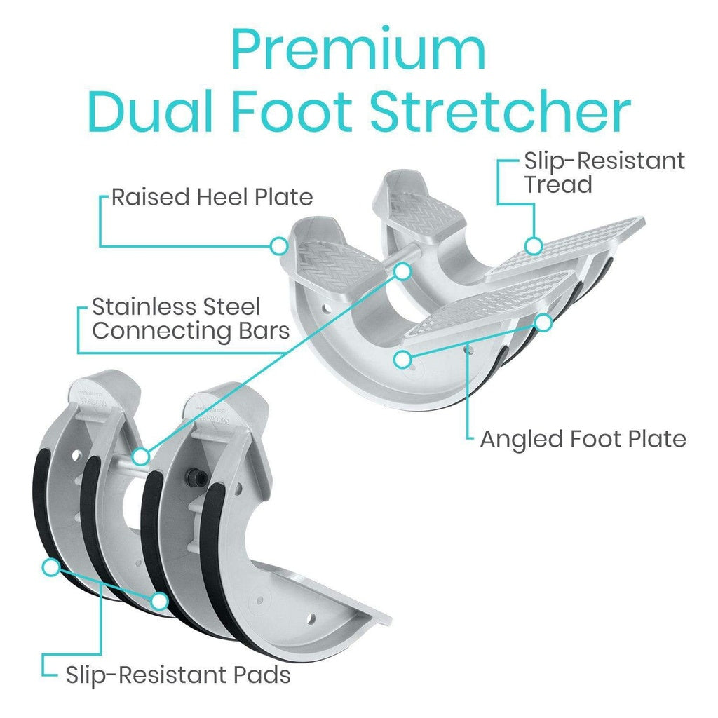 Diagram of a premium dual foot stretcher with labeled features on a white background