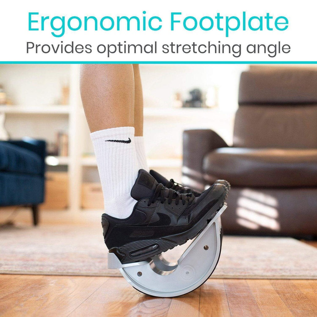 Person using a wobble board with text highlighting ergonomic footplate benefits