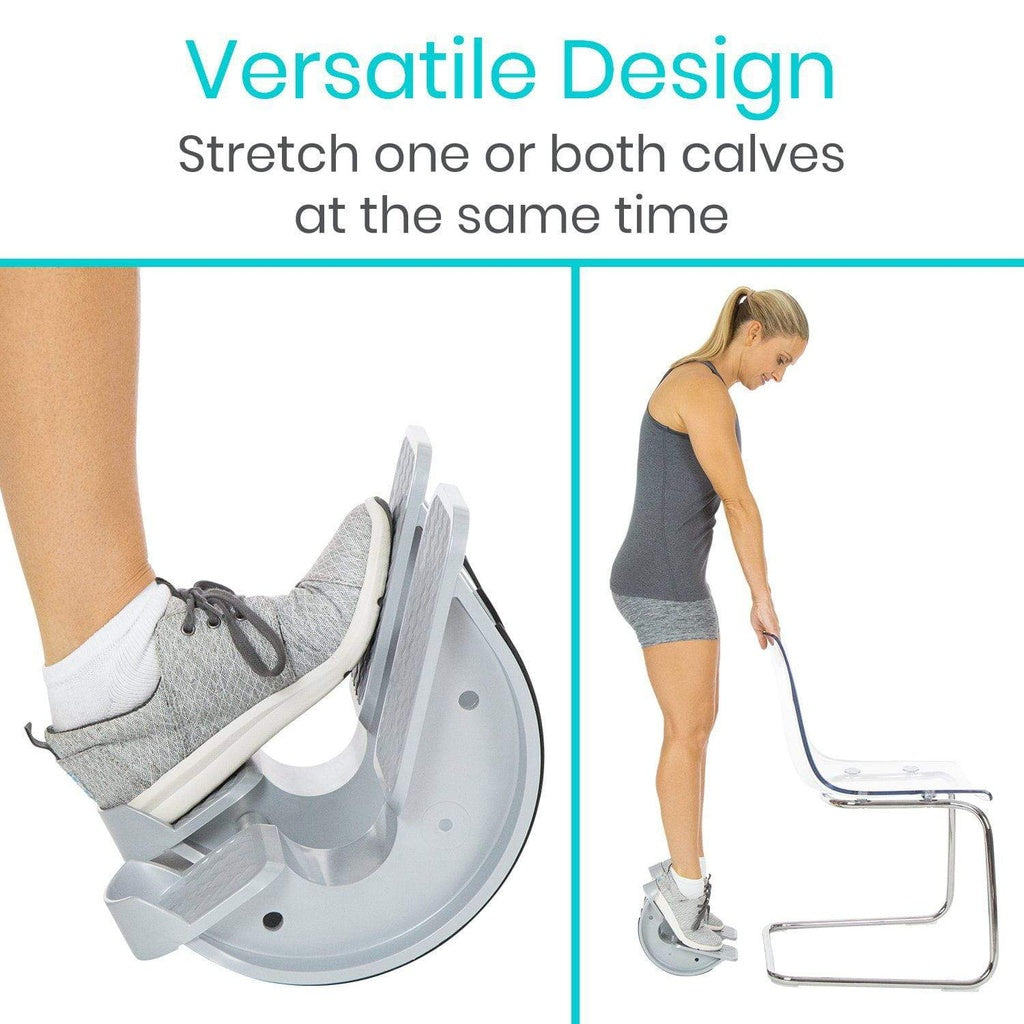 Foot stretcher with text 'Versatile Design' and 'Stretch one or both calves at the same time' on a white background.