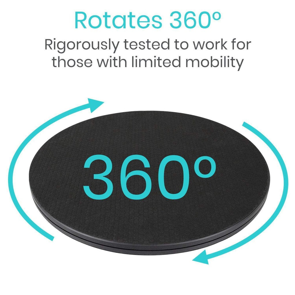 Black 360-degree rotation disc with text on a white background