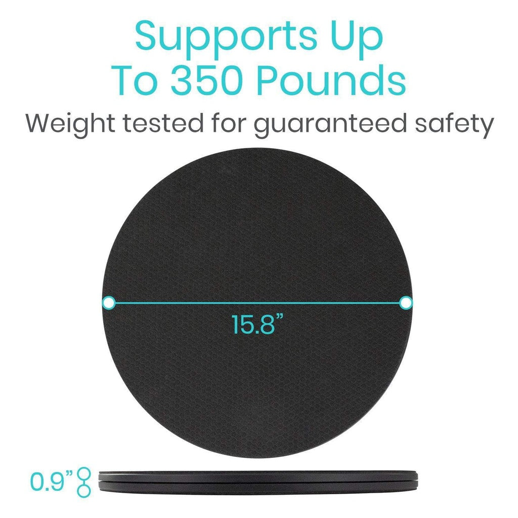 Black round mat with text indicating weight capacity and safety testing on a white background