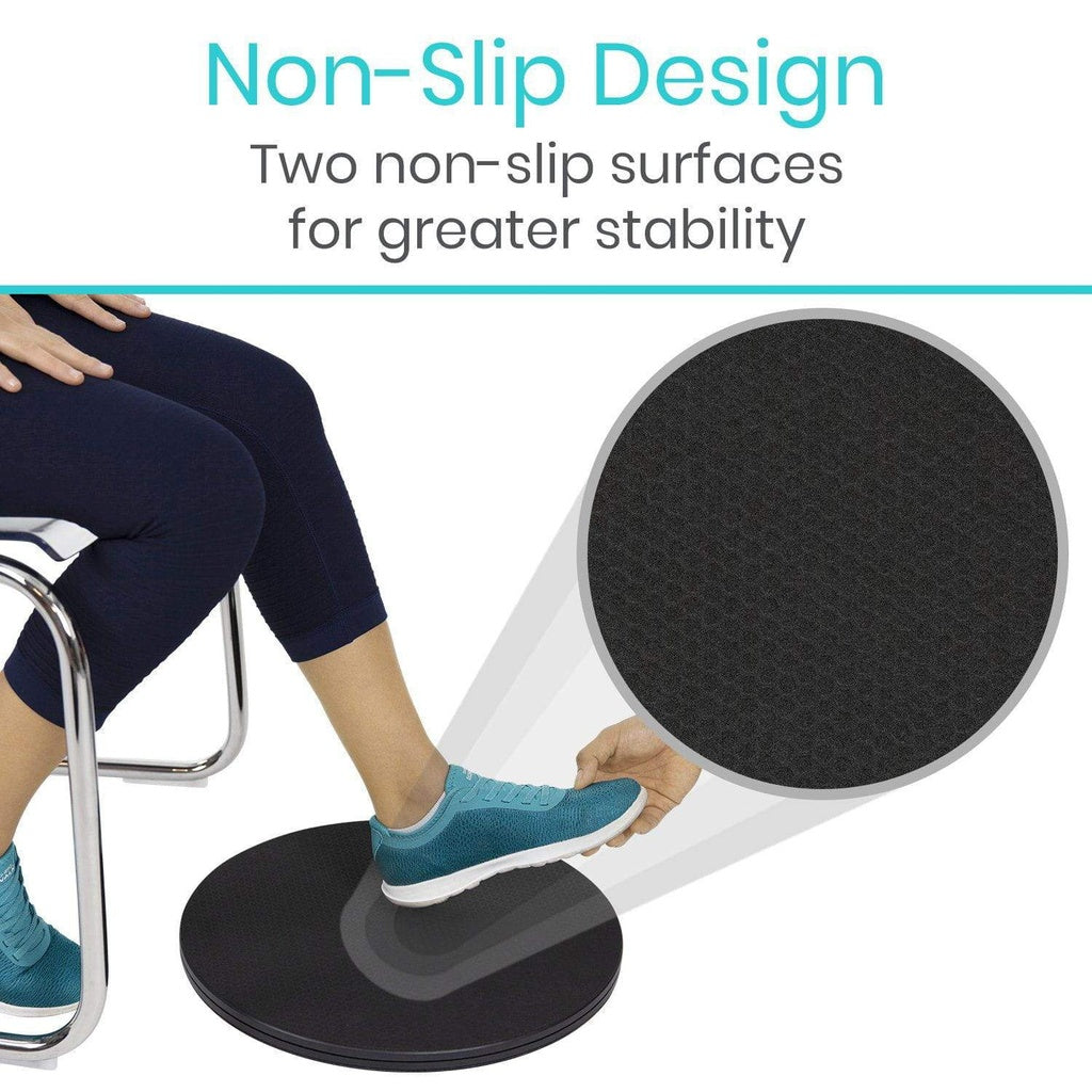Stool with non-slip design for increased stability, shown with a person sitting on a chair.