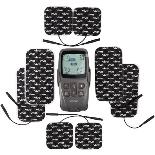 Electrotherapy device with patches labeled 'Vive' on a white background