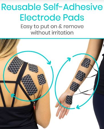 Reusable self-adhesive electrode pads on a person's back and arm with text highlighting ease of use.