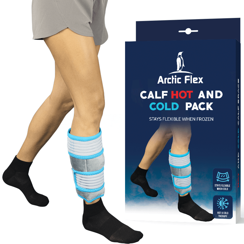 Person wearing Arctic Flex calf hot and cold pack with packaging on a white background