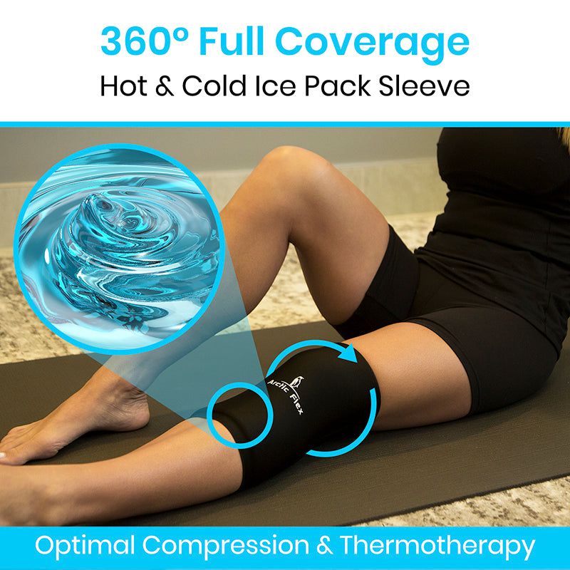 Person using a 360° full coverage hot and cold ice pack sleeve on a mat.