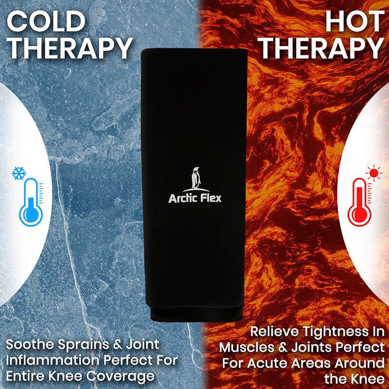 Arctic Flex product with cold and hot therapy text and images on a blue and orange background.