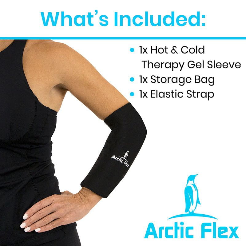 Black Arctic Flex gel sleeve on an arm with product details listed above.