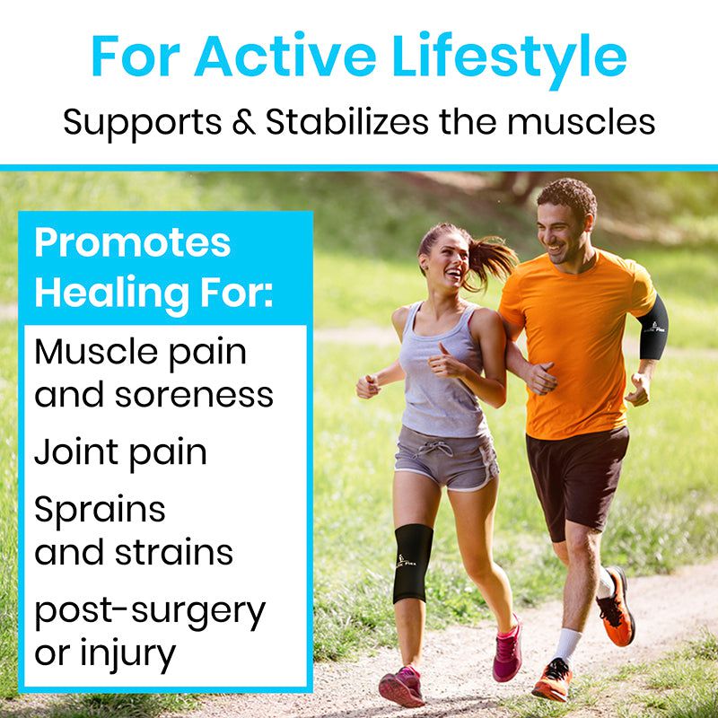 Two people running outdoors with text about muscle support and healing products.