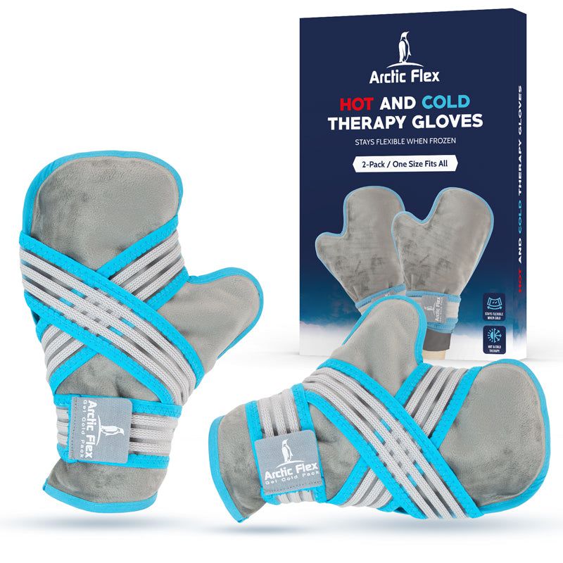Arctic Flex hot and cold therapy gloves with packaging on a white background