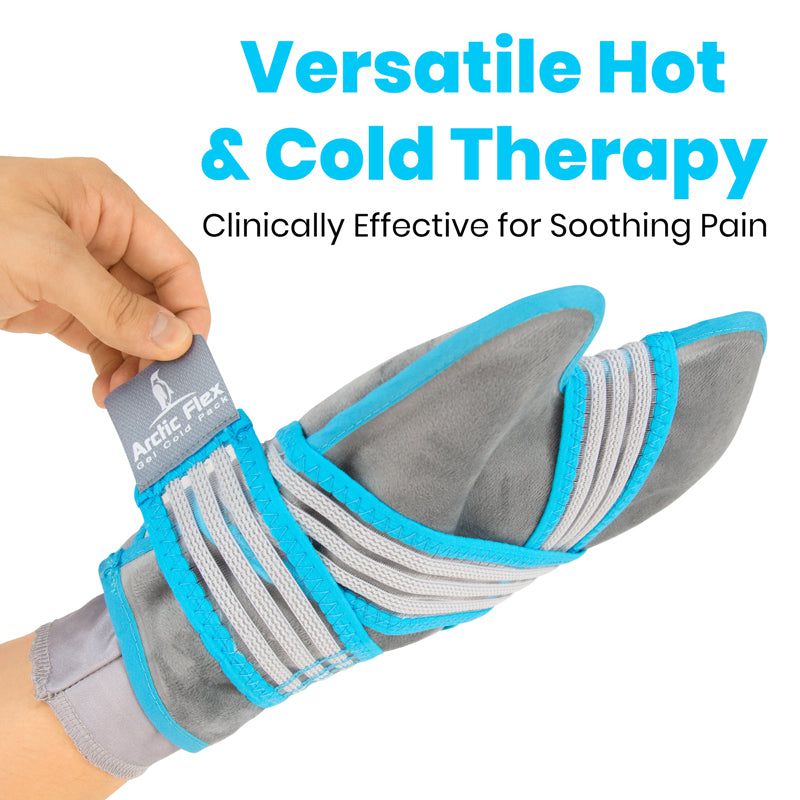 Gray and blue ankle support brace with text about versatile hot and cold therapy.