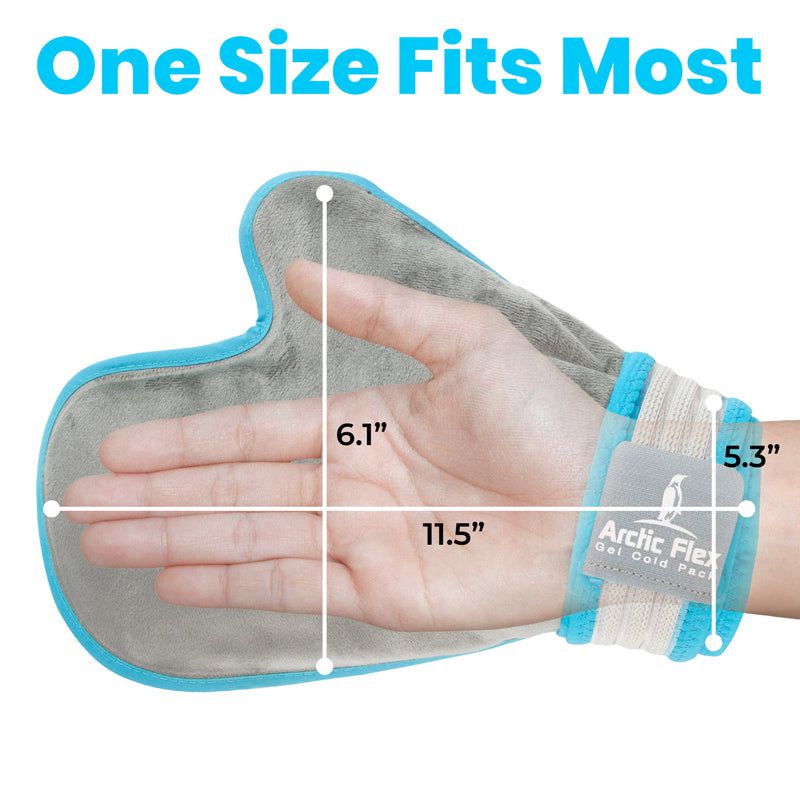 Arctic Flex gel cold pack with measurements on a hand and arm, showing 'One Size Fits Most' text.