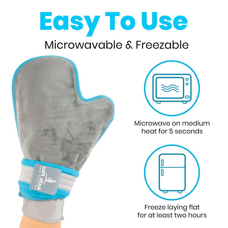Gray microwavable and freezable glove with blue accents on a white background