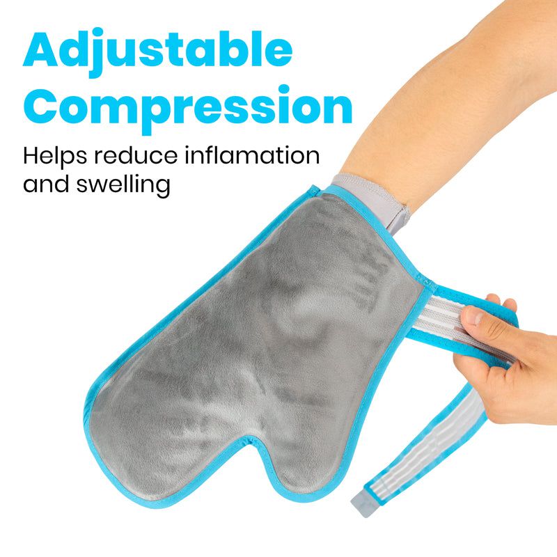Gray compression bandage with blue trim held by a hand, labeled 'Adjustable Compression' on a white background.