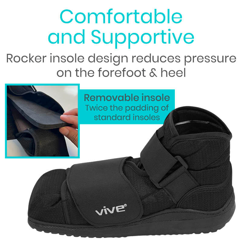 Black foot orthosis with text highlighting its features, including 'Comfortable and Supportive' and 'Rocker insole design'.
