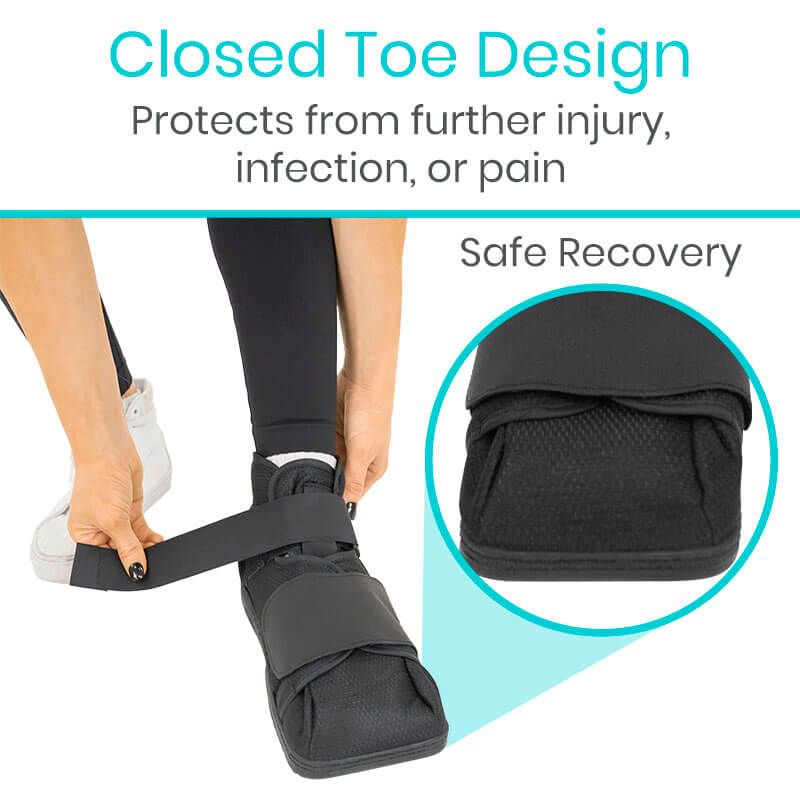 Black foot cast with text about closed toe design and safe recovery