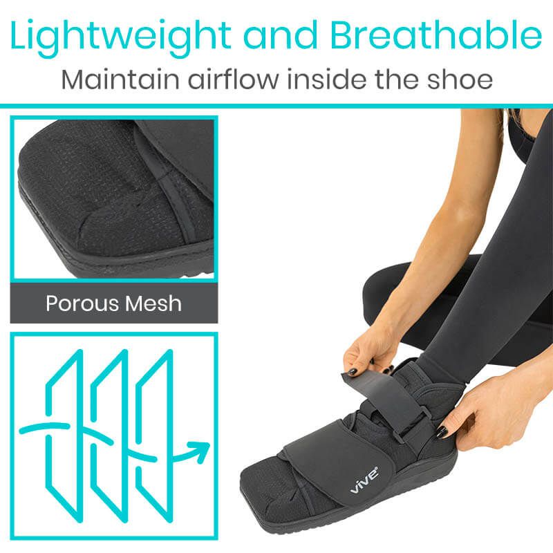 Black shoe with straps being worn, highlighting porous mesh and airflow features.